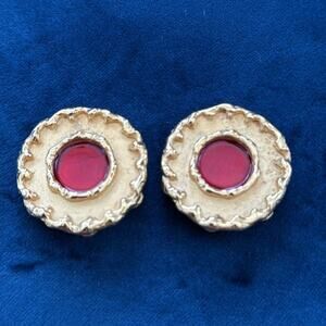 Vintage DKNY Signed Gold Tone Red Center Boho Hippie Glam Clip On Earrings